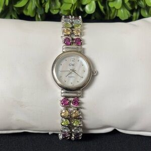 GW Quartz watch multi-gemstone bracelet stamped 925 EG Silver